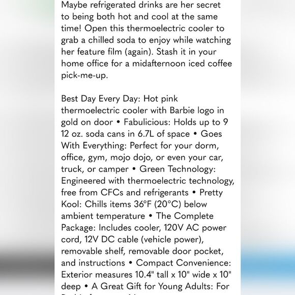 Barbie 6.7L Mini Fridge- Pink/Gold - Picture 6 of 9